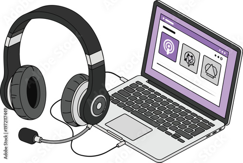 Podcast Production and Remote Communication Concept with Laptop and Professional Headset Illustration