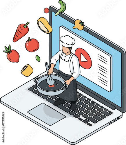 Online Cooking Class Isometric Illustration - Chef Cooking on Laptop for Culinary E-Learning and Food Vlogging