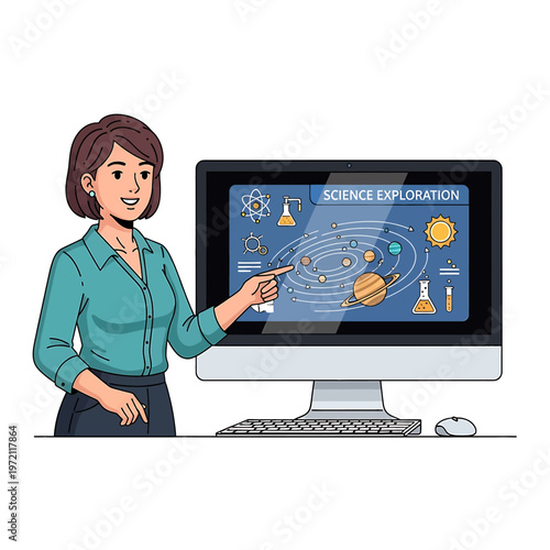 Woman pointing at computer screen.