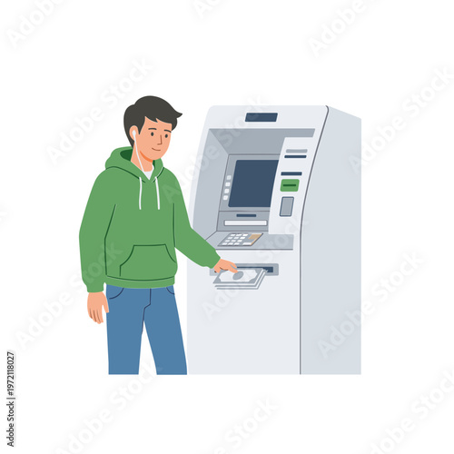 Man withdraws cash from an ATM machine outdoors.