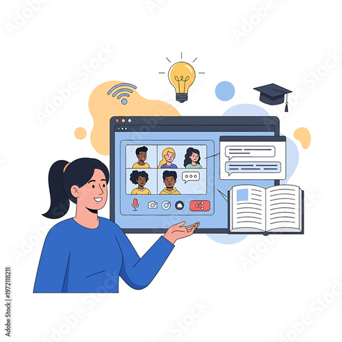 Woman presenting online education to students.