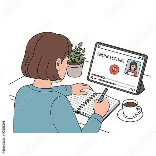 Woman taking online lecture notes.