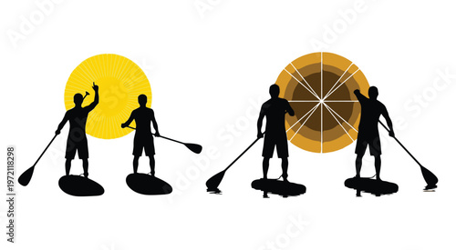Silhouette Stand Up Paddle Yoga and Fitness Vector Illustration