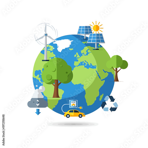 Earth with Renewable Energy Symbols Around 1.