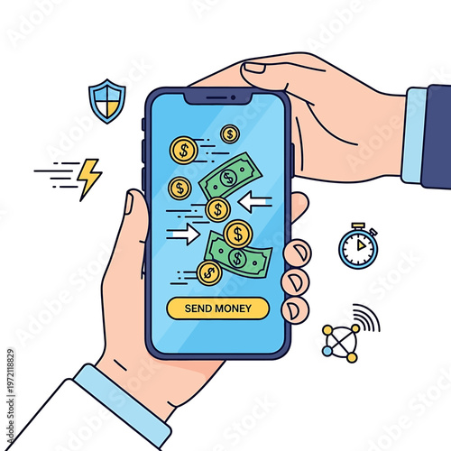 Hands holding smartphone with money transfer.