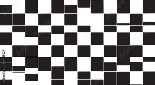 Minimalist black and white abstract geometric pattern featuring a fragmented and irregular checkerboard mosaic design.