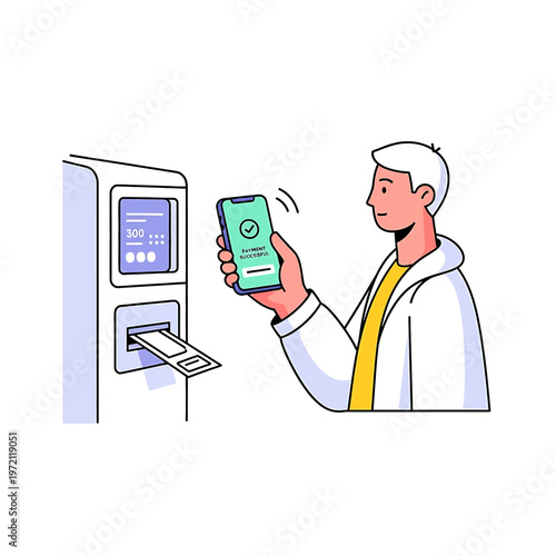 Man using phone at ATM machine.