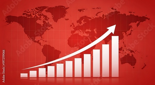 A bar graph with an upward trend on a world map background