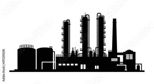 Industrial Factory Silhouette Vector Illustration of Oil Refinery Plant with Storage Tanks and Distillation Towers