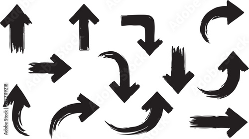 Various bold brush drawn curved arrows. Collection doodle marker thick arrows in different directions. Hand drawn vector direction pointers. Curved and wavy brush strokes