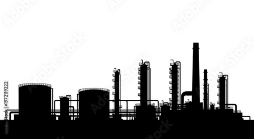 Black silhouette of oil refinery and chemical industry plant complex with storage tanks and distillation towers isolated on white background.