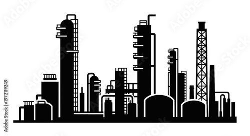 Industrial Refinery Plant and Chemical Factory Silhouette Vector Illustration Isolated on White Background.