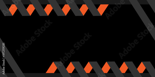 Minimalist design featuring a black backdrop with layered gray stripes and glowing orange triangular elements creating depth and contrast.