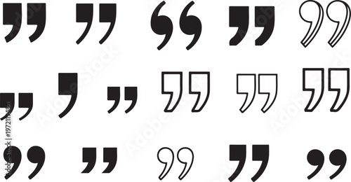 Collection of black quotation mark icons in various styles, including solid and outline designs, isolated on a white background.