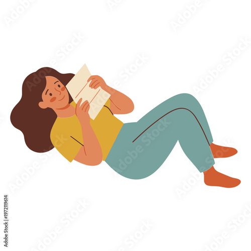 Woman reclines on floor reading book with relaxed expression indoors