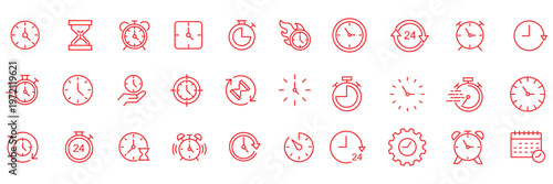 Time and Scheduling line icon set. Contains symbols for clock, calendar, deadline, hourglass, and workflow management. Editable vector design for web, app, and corporate presentations