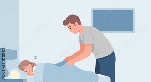 Caring father tucks in sleeping daughter at night, bedtime routine, love and family