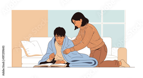 Caring mother tucks in sick son studying at home, wrapped in blanket