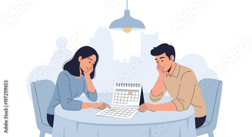Couple looking at calendar, planning future, relationship decisions, waiting for event
