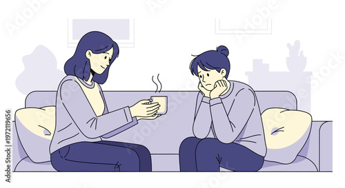 Caring woman offers hot drink to sad friend sitting on sofa, support and empathy concept