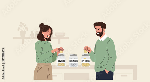 Couple saving money in jars for savings, donations, and spending