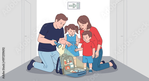 Family Emergency Preparedness: Parents show children contents of a first aid kit