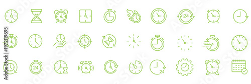 Time and Scheduling line icon set. Contains symbols for clock, calendar, deadline, hourglass, and workflow management. Editable vector design for web, app, and corporate presentations