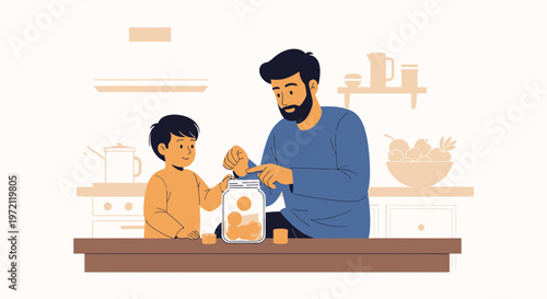 Father and son saving money in a jar, teaching financial literacy, family bonding at home