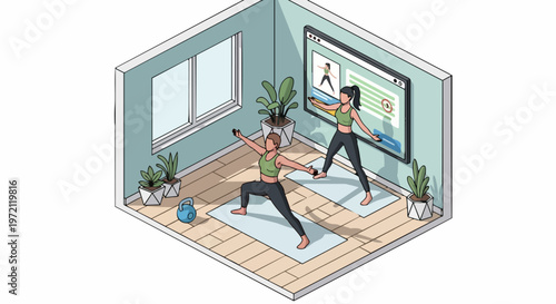 Isometric Vector Illustration of Women Exercising at Home with Online Fitness Class on Screen, Wellness and Healthy Lifestyle Concept