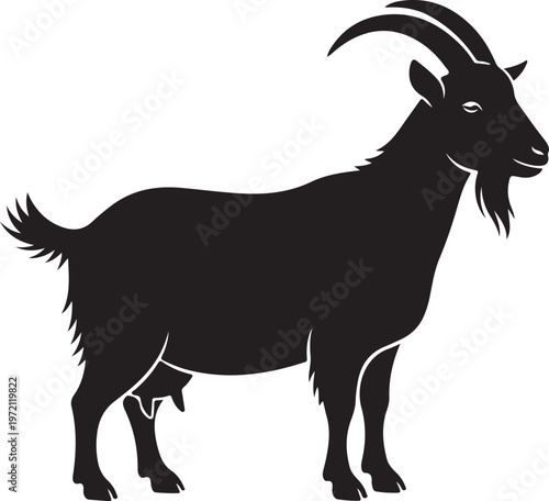 Professional black silhouette of a standing goat with curved horns and textured fur details isolated on a white background.