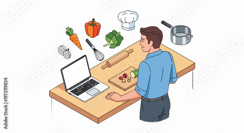 Man Learning to Cook with Online Video Tutorial and Digital Recipes on Laptop in Kitchen Illustration
