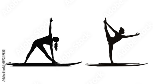 Zen Stand Up Paddle Yoga Poses Vector Illustration
