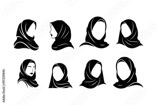 Muslim Woman Hijab Silhouette Vector Icon Set