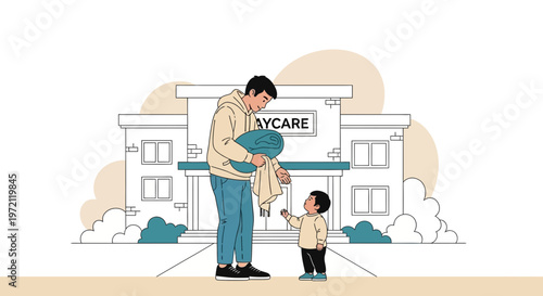 Father Drops Off Child at Daycare Center, Building Entrance, Parent-Child Interaction