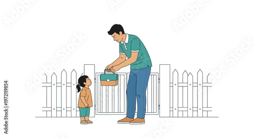 Father giving school bag to daughter at the gate, back to school concept