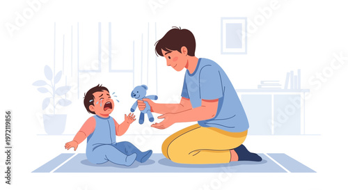 Father comforting crying baby with teddy bear, parenting, love, care, childhood, family