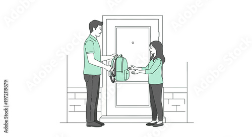 Father giving backpack to daughter at front door, back to school, family, home