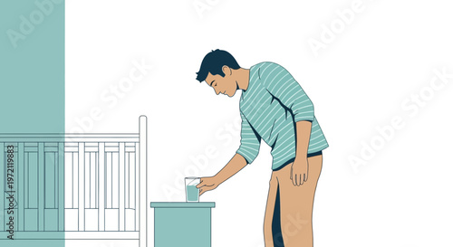 Father giving water to baby in crib at night, caring parent, bedtime routine