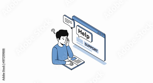 Isometric Illustration of a Confused Man Seeking Online Customer Support, Technical Help and Troubleshooting Assistance via Laptop