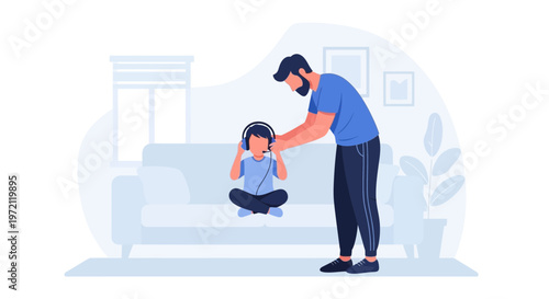 Father helps child put on headphones for online learning or music at home