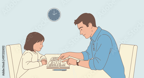 Father teaching daughter reading book at table, family bonding, education, home learning