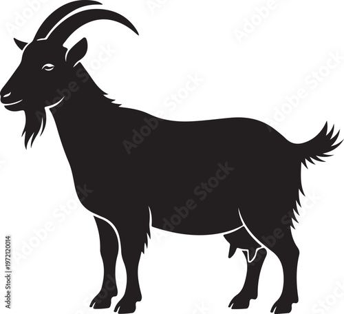 Professional black silhouette of a standing goat with curved horns and textured fur details isolated on a white background.