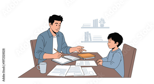 Father teaching son homework at home, fatherhood, education, family bonding, learning, studying