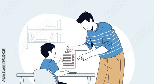 Father teaching son safety checklist at home, education and responsibility concept