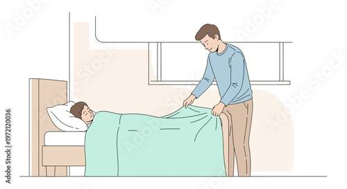 Father tucking in his sleeping child in bed at night, caring gesture