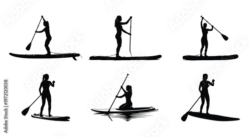 Stand Up Paddle Yoga Silhouette Collection Vector Set