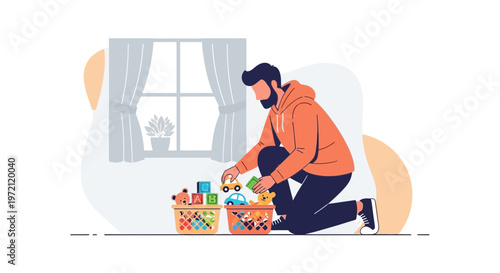 Father tidying up toys with his child, playing with blocks and cars at home