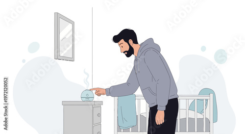 Father turns on baby room humidifier, creating a calm atmosphere for infant sleep