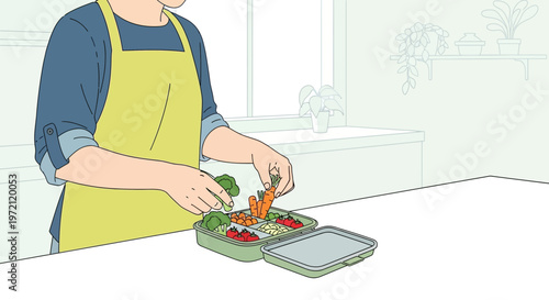 Healthy Lunch Prep: Person packing fresh vegetables into a bento box for a nutritious meal.