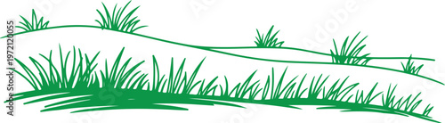 Minimalist green line art illustration of grass tufts and rolling hills isolated on a white background.